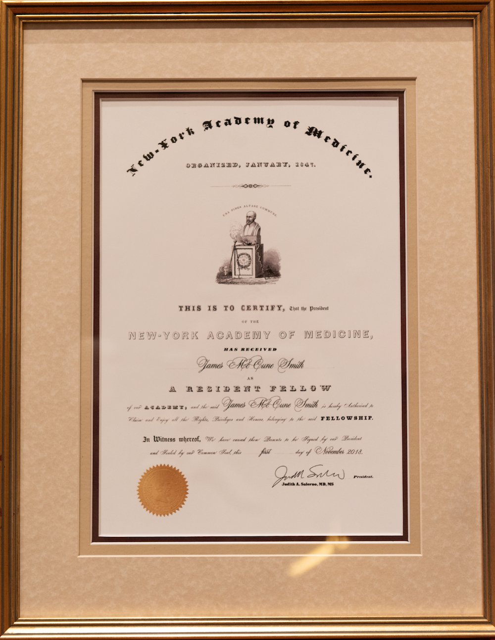 Dr. James McCune Smith's Certificate of Academy Fellowship